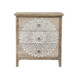 LuxenHome 3-Drawer 28.2" H X 25.2" W Natural Wood White Floral Accent Chest.