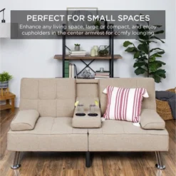 Best Choice Products Modern Linen Convertible Futon Sofa Bed W/ Removable Armrests, Metal Legs, Cupholders -Lush Living Store GUEST 6094b633 615f 4529 a081 903873cae17d