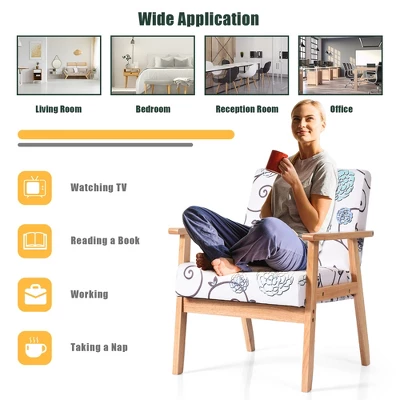 Costway Modern Accent Armchair Fabric Lounge Chair W/Rubber Wood Leg White&Blue Floral 5 Costway Modern Accent Armchair Fabric Lounge Chair W/Rubber Wood Leg White&Blue Floral - Image 3