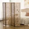 HOMCOM 5.5' Tall Room Divider With Wood & Hand Woven Reed, 4 Panel Folding Privacy Screens, Portable Partition Wall Divider