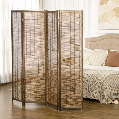 HOMCOM 5.5' Tall Room Divider With Wood & Hand Woven Reed, 4 Panel Folding Privacy Screens, Portable Partition Wall Divider 3 HOMCOM 5.5' Tall Room Divider With Wood & Hand Woven Reed, 4 Panel Folding Privacy Screens, Portable Partition Wall Divider