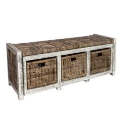Happimess Rustic 43.3" 3 Drawer Wicker Storage Bench, Gray -Lush Living Store GUEST 64ce6b3d 7ea8 4d77 bd54 ac66bf4281aa
