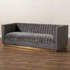 Aveline Velvet Upholstered Finished Sofa Gray/Gold - Baxton Studio -Lush Living Store GUEST 6602a4a8 0700 4192 ac47 9a16d70210bb
