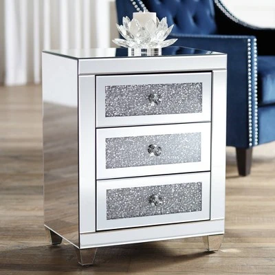 Studio 55D Modern Mirrored Rectangular Accent Side End Table 20" X 14" With 3-Drawer Silver Glass Crystal Living Room Home House 3 Studio 55D Modern Mirrored Rectangular Accent Side End Table 20" X 14" With 3-Drawer Silver Glass Crystal Living Room Home House
