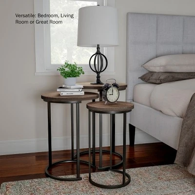 Hastings Home Round End Tables With Woodgrain-Look And Black Metal Base, Gray/Brown, Set Of 3 5 Hastings Home Round End Tables With Woodgrain-Look And Black Metal Base, Gray/Brown, Set Of 3 - Image 3