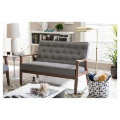 Sorrento Mid-Century Retro Modern Fabric Upholstered Wooden 2 Seater Loveseat Gray - Baxton Studio -Lush Living Store GUEST 70e6495f 472c 4e56 b4eb 46190e05c31c