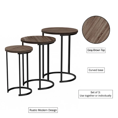 Hastings Home Round End Tables With Woodgrain-Look And Black Metal Base, Gray/Brown, Set Of 3 4 Hastings Home Round End Tables With Woodgrain-Look And Black Metal Base, Gray/Brown, Set Of 3 - Image 2