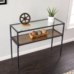 Dorhice Glass Top Console Table Black/Natural - Aiden Lane -Lush Living Store GUEST 7298e93f d33f 4edd 86ed 58a4ec21636d