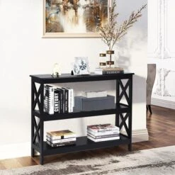 Costway 3-Tier Console Table X-Design Bookshelf Sofa Side Accent Table W/Shelf EspressoBlack
