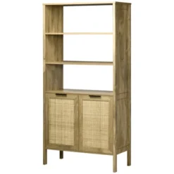 HOMCOM Bookshelf, Storage Cabinet With 3 Open Shelves And Natural Rattan Decor, Bookcase For Living Room, Study, Bedroom -Lush Living Store GUEST 732e8dc1 d40b 41b3 8b65 fddbf2d8029c