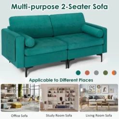Costway Modern Loveseat 2-Seat Sofa Couch W/ 2 Bolsters Side Storage Pocket Teal -Lush Living Store GUEST 7484a25e 8f2c 4f1f 910f 4675c5a28b54
