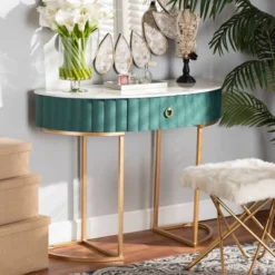1 Drawer Beale Velvet Upholstered And Brushed Console Table Green/Gold - Baxton Studio -Lush Living Store GUEST 760cec46 ca09 49d3 812b ee5335396259
