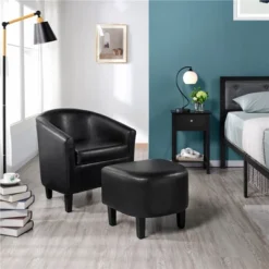 Yaheetech Faux Leather Accent Arm Chair Barrel Chair With Ottoman For Living Room