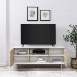 Modern 2 Door TV Stand For TVs Up To 65" Solid White/Coastal Oak/White - Saracina Home -Lush Living Store GUEST 7c959a70 72d8 4ae6 80b0 dc6eec9473a6
