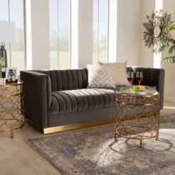 Aveline Velvet Upholstered Finished Sofa Gray/Gold - Baxton Studio -Lush Living Store GUEST 7ca3375a 38b2 48b1 8ad3 83f78df72553