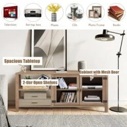 TV Stand Entertainment Center For TV's Up To 65''w/ 2 Metal Mesh Doors Natural -Lush Living Store GUEST 806775ce bb8c 4d02 9993 cc6e765423ad