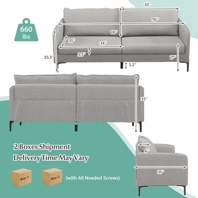 Costway Modern 76'' Loveseat Sofa Couch For Living Room Apartment Dorm With Metal Legs Gray 4 Costway Modern 76'' Loveseat Sofa Couch For Living Room Apartment Dorm With Metal Legs Gray - Image 2