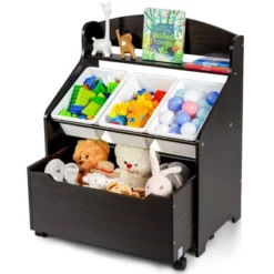 Costway Kids Wooden Toy Storage Unit Organizer W/Rolling Toy Box & Plastic Bins NaturalEspresso -Lush Living Store GUEST 80f5cdc8 b56c 40a6 9518 1678a6f77403