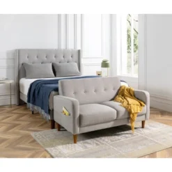 Adair Mid Century Modern Loveseat With Armrest Pockets Tufted Linen Fabric Light Gray - Mellow -Lush Living Store GUEST 82064f87 ea2d 434d b719 8bece817e48b