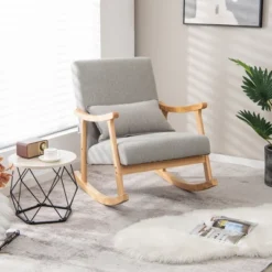 Costway Upholstered Rocking Chair With Pillow Rocking Armchair With Rubber Wood Frame Grey -Lush Living Store GUEST 82695767 9615 4173 bdcd 9647f9415d74
