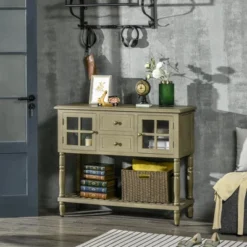 HOMCOM Vintage Console Table With 2 Drawers And Cabinets, Retro Sofa Table For Entryway, Living Room And Hallway, Light Gray -Lush Living Store GUEST 837f7c18 7953 4101 8bdb f40193ffb9c6