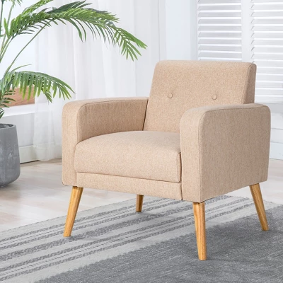 Costway Modern Accent Chair Upholstered Linen Armchair W/Rubber Wood Legs YellowBeigeGreyNavy 5 Costway Modern Accent Chair Upholstered Linen Armchair W/Rubber Wood Legs YellowBeigeGreyNavy - Image 3