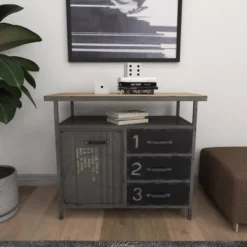 Metal Utility Cabinet With Wood Top Steel Gray - Olivia & May -Lush Living Store GUEST 86549baf 9aa1 4ff1 90c2 3287c1cc43ce