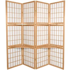 Oriental Furniture 5.5' Tall Window Pane With Shelf Room Divider 4 Panels Natural