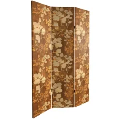 6" Double Sided Wood Inlay Pattern Canvas Room Divider Brown - Oriental Furniture -Lush Living Store GUEST 87b7296f 4c42 4f09 9701 52c2452ac138
