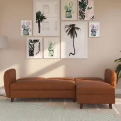 Perry Sectional Futon With Storage Convertible Sleeper Camel Faux Leather - Novogratz -Lush Living Store GUEST 8870d75b 07c8 4dab bdc4 96c0d1925878