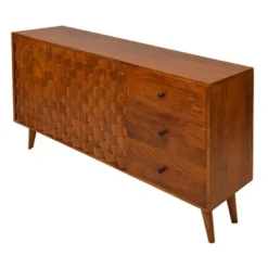 2 Door Honeycomb Design Wooden TV Console With 3 Drawers Walnut Brown - The Urban Port