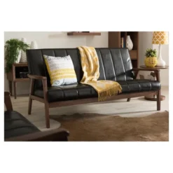 Nikko Mid-Century Modern Scandinavian Style Faux Leather Wooden 3 Seater Sofa - Baxton Studio -Lush Living Store GUEST 8bb4759d aa38 4680 9a30 4f5ce10a8086