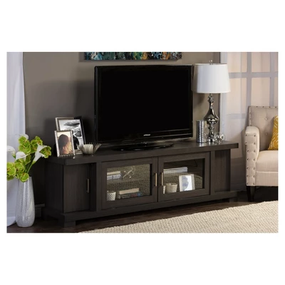 Viveka Wood Cabinet With 2 Glass Doors And 2 Doors TV Stand For TVs Up To 75" Dark Brown - Baxton Studio 5 Viveka Wood Cabinet With 2 Glass Doors And 2 Doors TV Stand For TVs Up To 75" Dark Brown - Baxton Studio - Image 3
