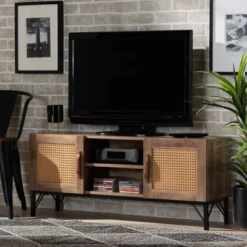 Veanna Bohemian Natural Wood And Metal 2 Door Synthetic Rattan TV Stand For TVs Up To 40" Brown/Black - Baxton Studio -Lush Living Store GUEST 8e937aa0 16c1 4579 a009 a215ecc729ba