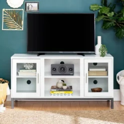 Pierceton Modern Double Glass Door With Metal Legs TV Stand For TVs Up To 58" White - Saracina Home -Lush Living Store GUEST 929be342 b4dd 40d9 ac7e 102860112a8d