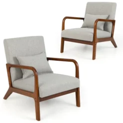 Costway Set Of 2 Accent Chairs Leisure Armchair With Rubber Wood Frame&Lumbar Pillow Gray/Beige -Lush Living Store GUEST 9333bd3d 592f 4aad a534 b4643f92b412