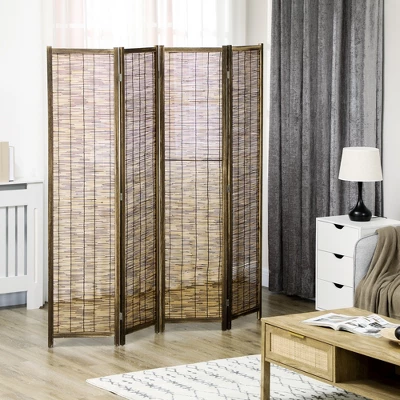HOMCOM 5.5' Tall Room Divider With Wood & Hand Woven Reed, 4 Panel Folding Privacy Screens, Portable Partition Wall Divider 4 HOMCOM 5.5' Tall Room Divider With Wood & Hand Woven Reed, 4 Panel Folding Privacy Screens, Portable Partition Wall Divider - Image 2
