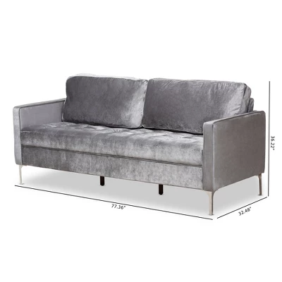 Baxton Studio Clara Velvet Fabric Upholstered 3 Seater Sofa Gray - BaxtonStudio 4 Baxton Studio Clara Velvet Fabric Upholstered 3 Seater Sofa Gray - BaxtonStudio - Image 2
