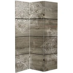 6" Double Sided Mandala On Oak Canvas Room Divider Beige - Oriental Furniture