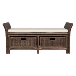 Happimess Tropic 52" 2 Drawer Wicker Storage Bench Wih Linen Cushion, Brown