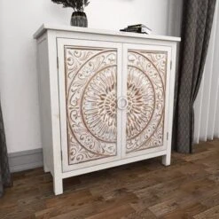 Rustic Wooden Cabinet With Carved Medallion Design Beige - Olivia & May -Lush Living Store GUEST 99946902 4059 4ae7 ad01 2dab7ff104eb