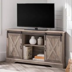 Robinson Rustic Transitional Sliding Barn Door Corner TV Stand For TVs Up To 58" - Saracina Home -Lush Living Store GUEST 99ade92f dcff 44e8 8eac 8aa02e32c026