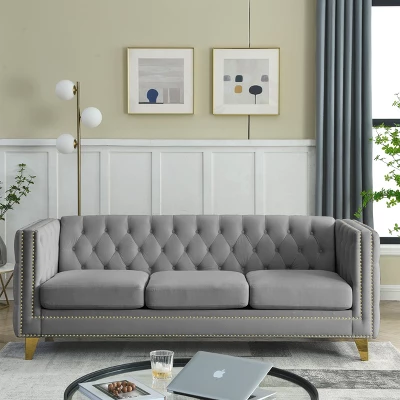 Living Room Modern Velvet Sofa With Button Tufted Square Arms And Metal Legs - ModernLuxe 3 Living Room Modern Velvet Sofa With Button Tufted Square Arms And Metal Legs - ModernLuxe