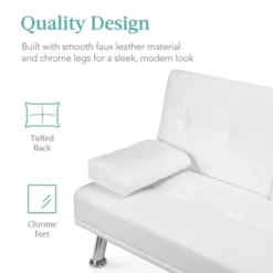 Best Choice Products Modern Faux Leather Convertible Futon Sofa W/ Removable Armrests, Metal Legs, 2 Cupholders - White -Lush Living Store GUEST 9e717f59 c899 43a7 aa7c e998c6ba72ad