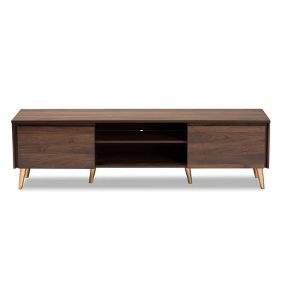 Landen Mid-Century Modern Wood TV Stand For TVs Up To 65" Walnut/Gold/Brown - Baxton Studio 4 Landen Mid-Century Modern Wood TV Stand For TVs Up To 65" Walnut/Gold/Brown - Baxton Studio - Image 2