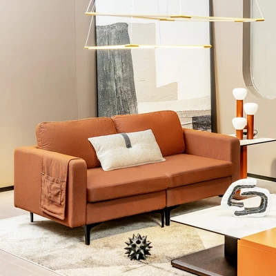 Costway Modern Loveseat Linen Fabric 2-Seat Sofa Couch W/ Side Storage Pocket GreenOrange 3 Costway Modern Loveseat Linen Fabric 2-Seat Sofa Couch W/ Side Storage Pocket GreenOrange