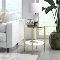 Gold Finish Side Table With Faux Marble Shelf - Henn&Hart -Lush Living Store GUEST a3898715 01b9 4614 982f 9b1645b321ec