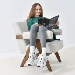 Morgan 19.7" Wide Lounge Armchair Upholstered Seat And Back With Upside Down "V" Shape Design Solid Wood Accent Chair-Maison Boucle -Lush Living Store GUEST a61c39fe 005d 49f1 9f05 4a44409a1ac0