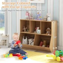Costway 5-Cubby Kids Toy Storage Organizer Wooden Bookshelf Display Cabinet Natural/White -Lush Living Store GUEST a772da57 0ca4 4205 ad9e d4b121480f38