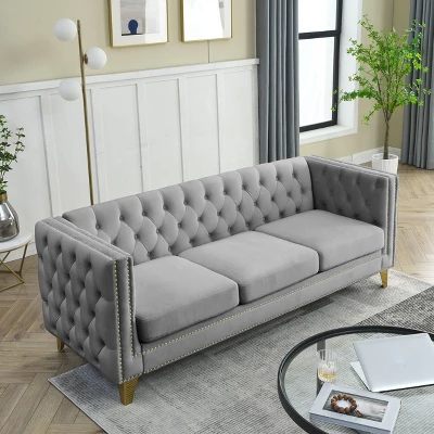 Living Room Modern Velvet Sofa With Button Tufted Square Arms And Metal Legs - ModernLuxe 4 Living Room Modern Velvet Sofa With Button Tufted Square Arms And Metal Legs - ModernLuxe - Image 2